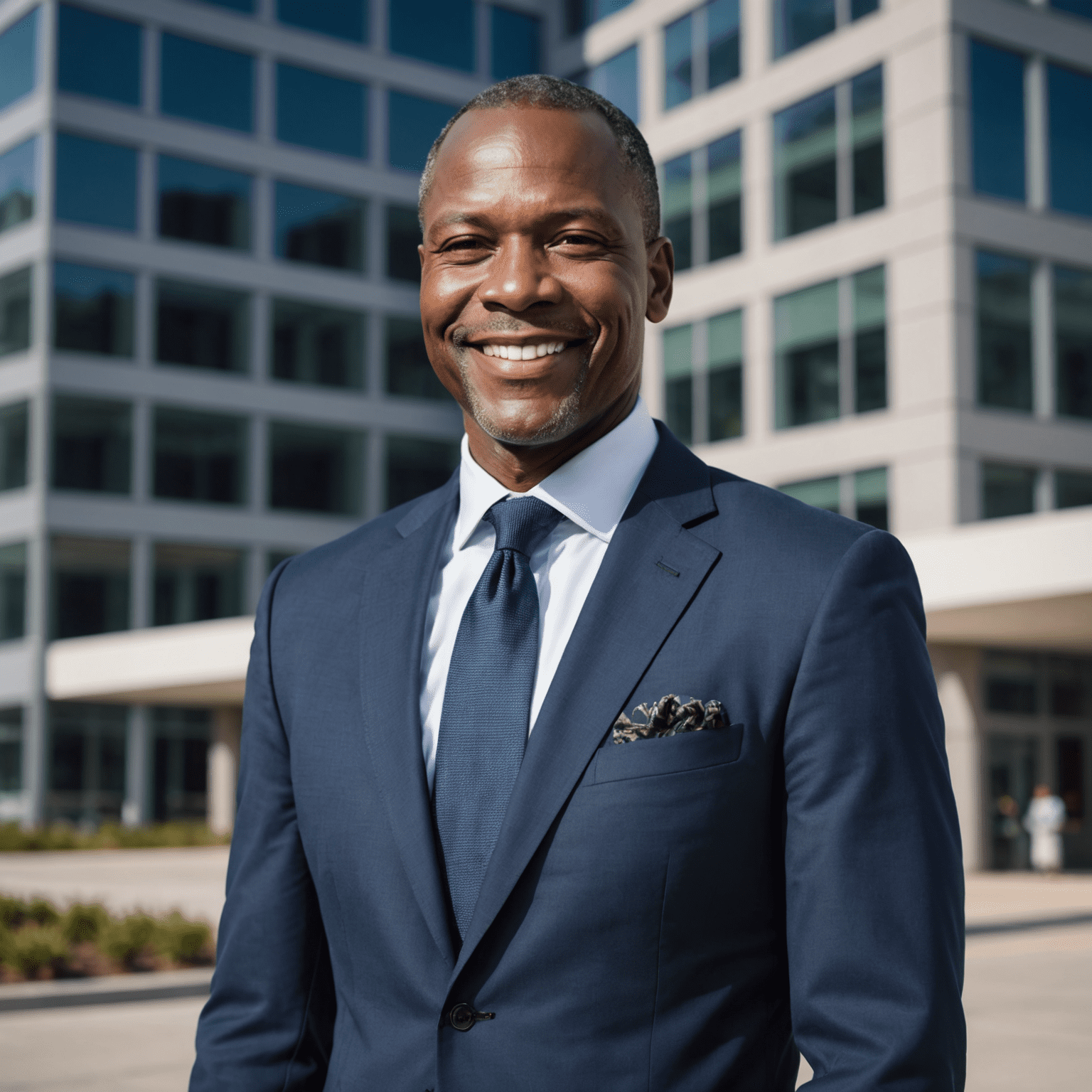 Portrait of John Doe, a middle-aged African man with a warm smile, wearing a crisp navy suit, standing in front of a modern office building. He exudes professionalism and approachability.