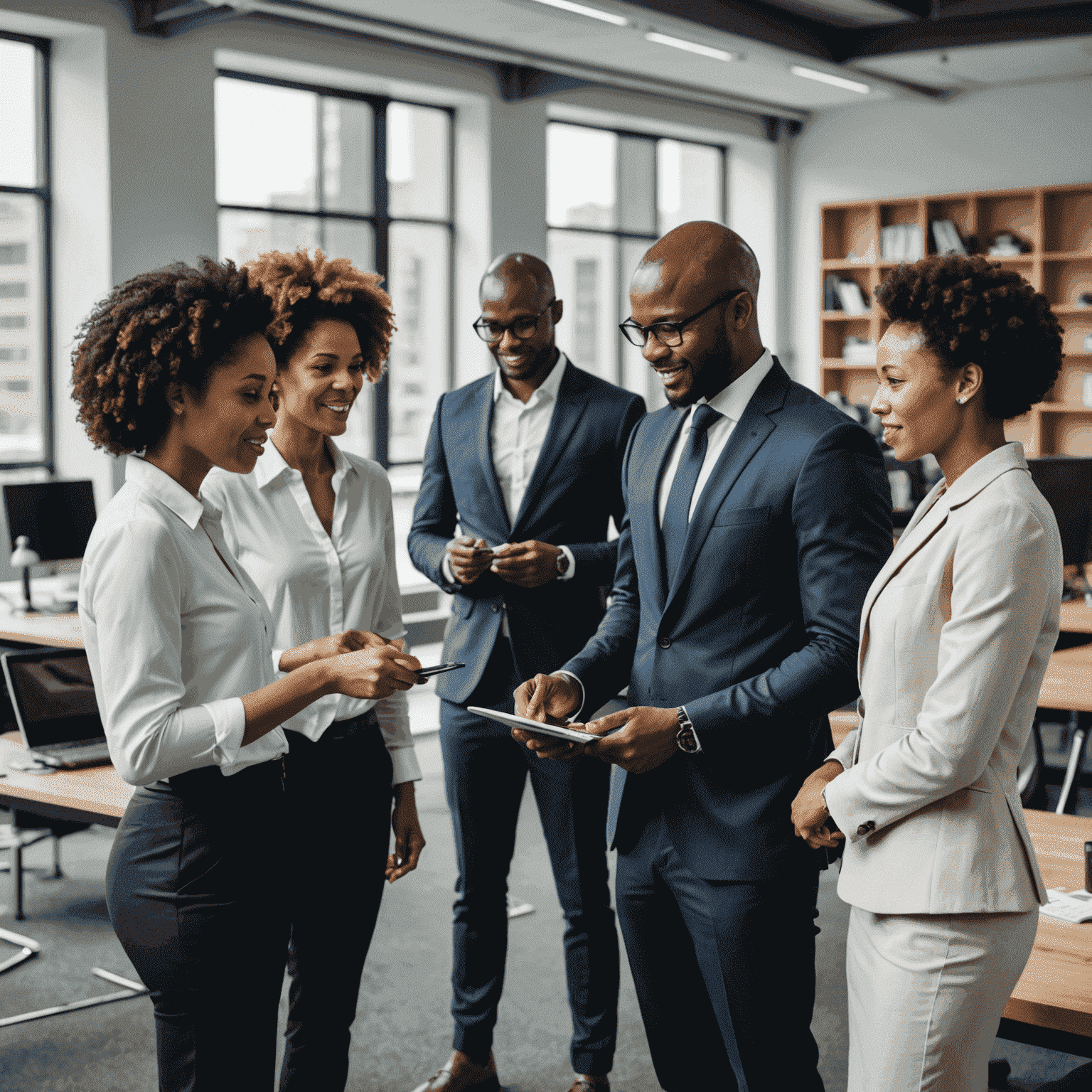 Diverse group of South African business professionals collaborating in a modern office setting, symbolizing B-BBEE implementation