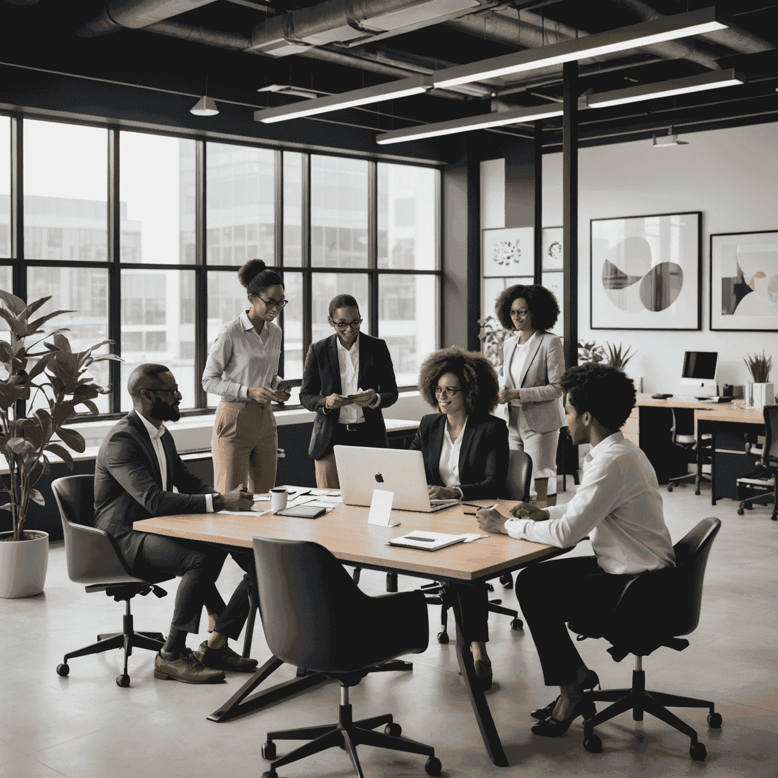 A diverse group of professionals collaborating in a modern office setting, symbolizing B-BBEE implementation