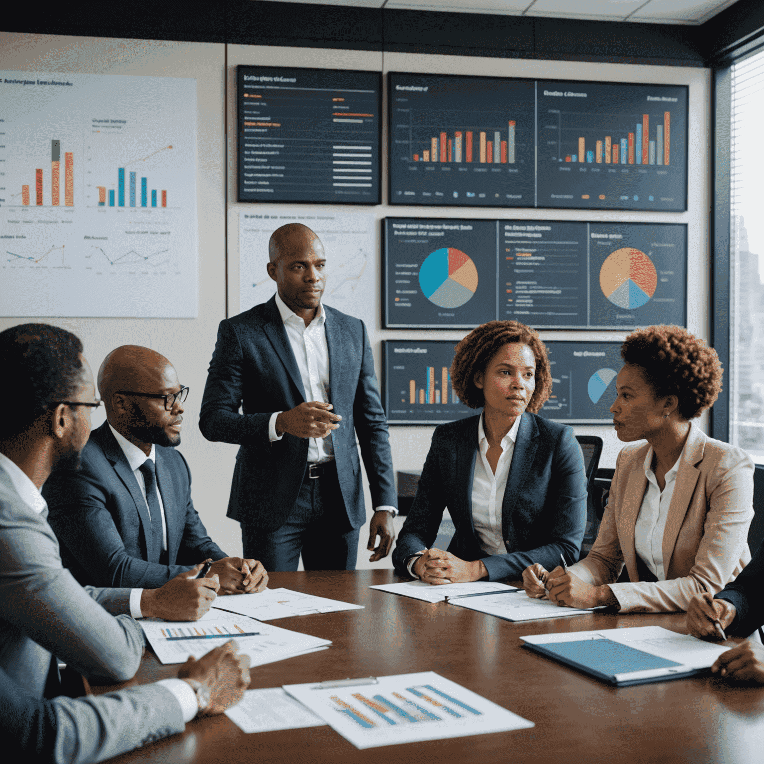 A diverse group of South African business professionals discussing B-BBEE policies in a modern boardroom, with charts and graphs displayed on screens in the background