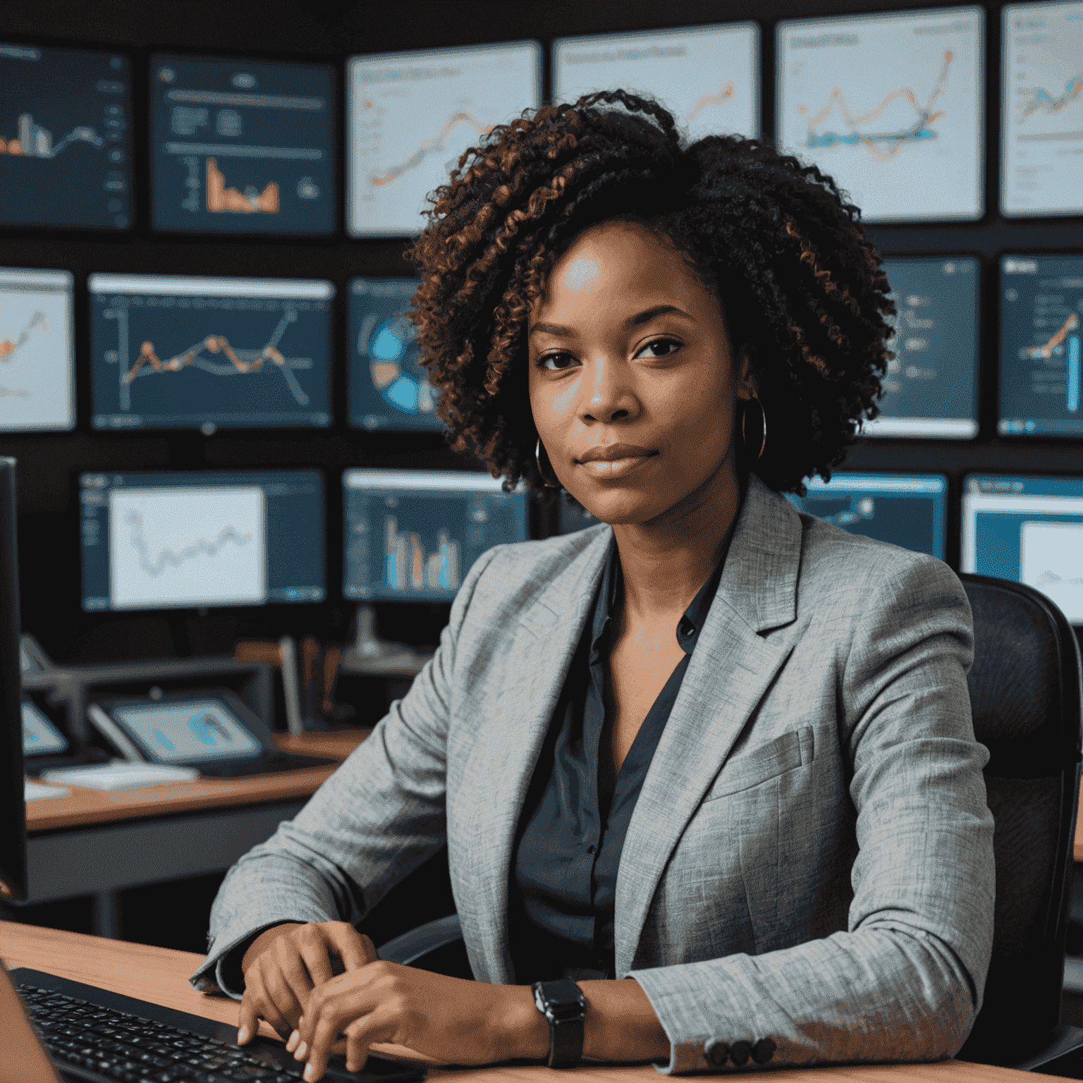 Portrait of Jane Smith, a young South African woman with natural hair, wearing a stylish blazer. She is seated at a desk with multiple computer screens displaying Power BI dashboards, showcasing her expertise in data analytics.