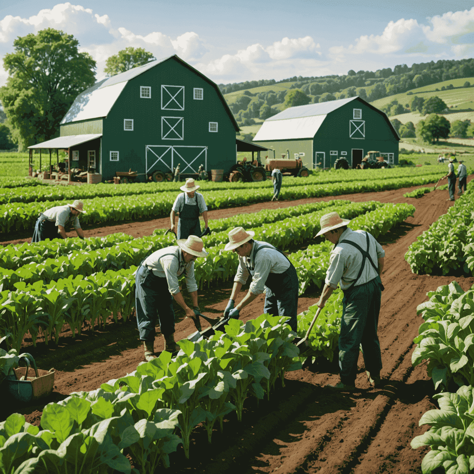 GreenGrow Agri-Business farm with diverse workers tending to crops