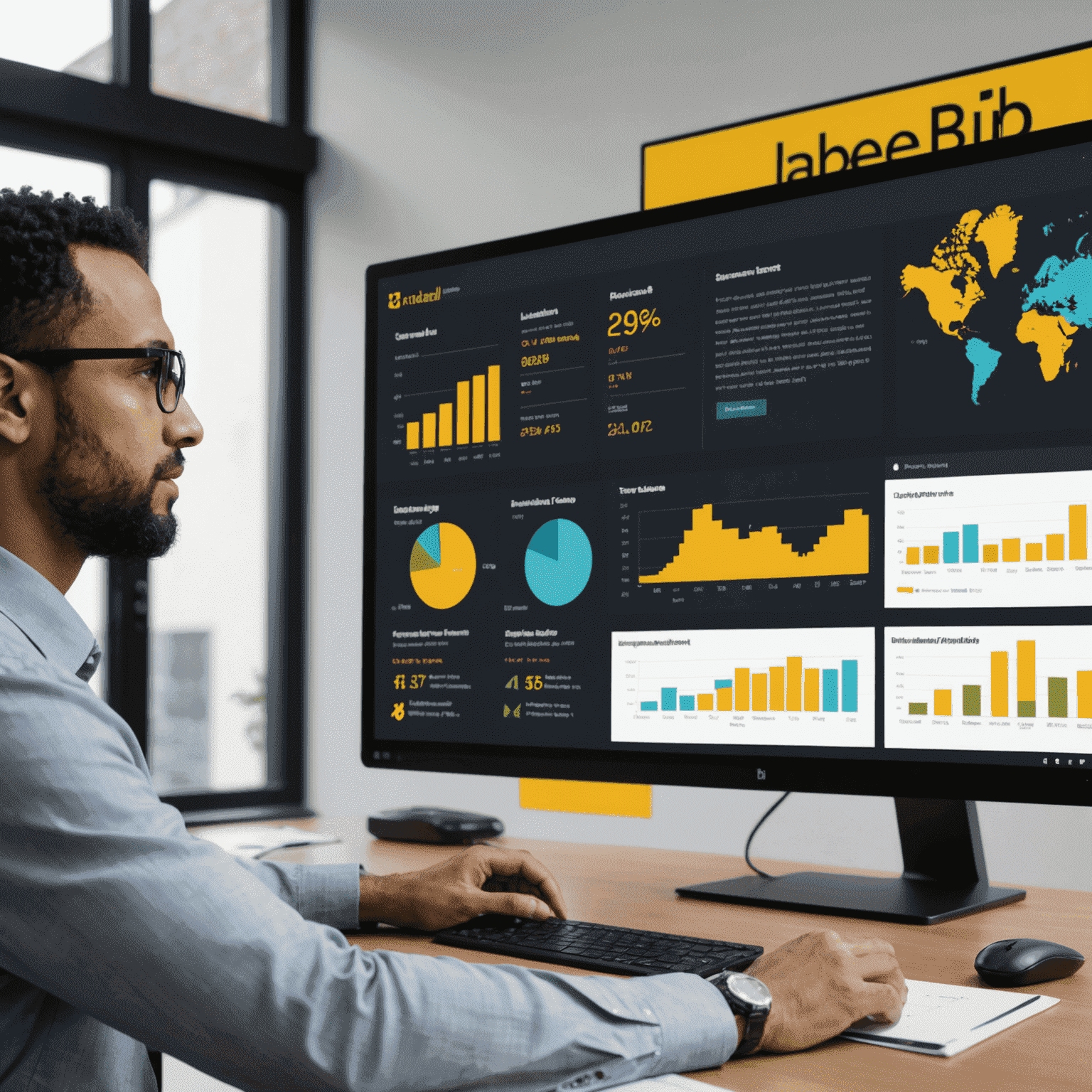 A business consultant presenting B-BBEE implementation strategies using a Power BI dashboard on a large screen