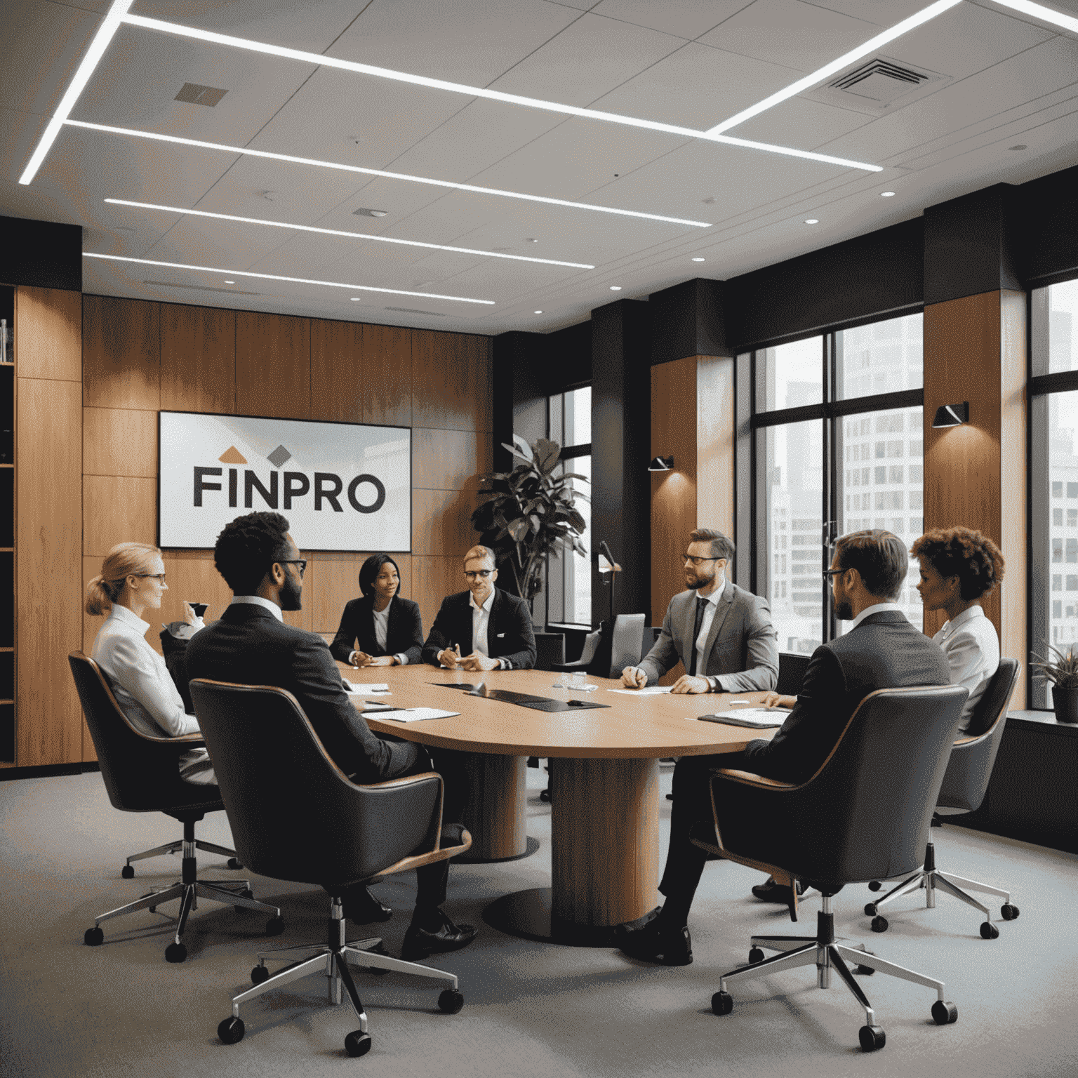 FinPro Services modern office with diverse executives in a meeting